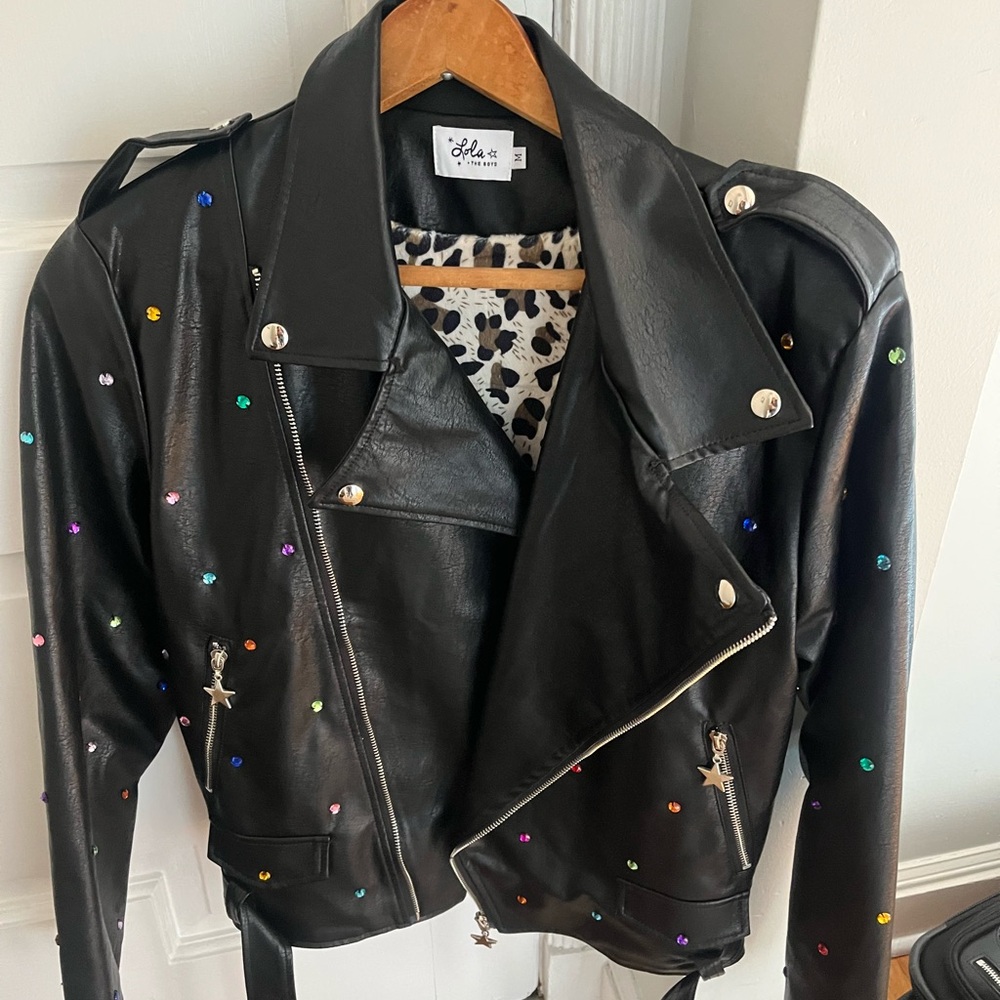 Lola and the Boys Women’s Infinity Stone Gem Embellished Vegan Leather Jacket